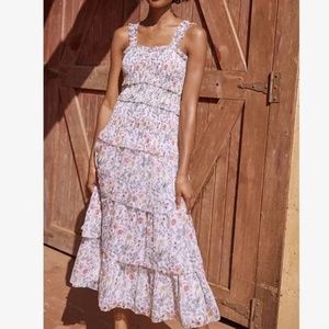 Saylor Leanna Garden Floral Dobby Tiered Ruffle Smocked Midi Maxi Dress XS